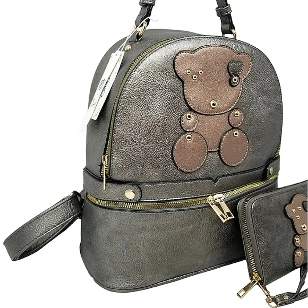 Metallic Pewter Bear Backpack and wallet set